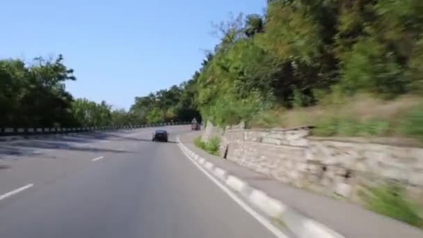 Carros se move na estrada de volta entre as árvores — Vídeo de Stock