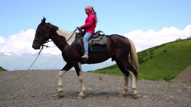 Glückliches Mädchen lernt, Pferd zu kontrollieren — Stockvideo