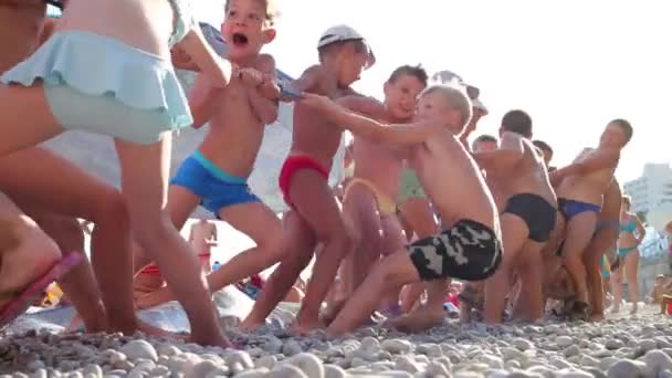 Children tug of war on beach — Stock Video