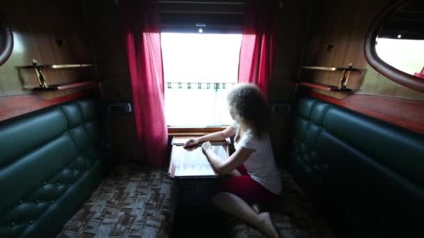 Woman in business-class compartment on train — Stock Video