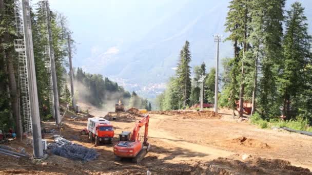 Construction equipment on construction site for new funicular — Stock Video