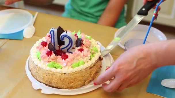 Female hands put biscuit cake — Stock Video