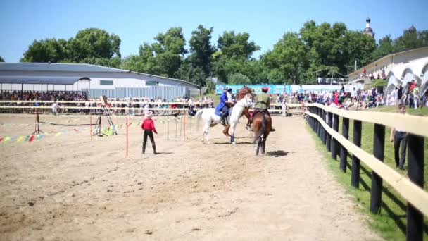 Tres jinetes criando caballos — Vídeo de stock