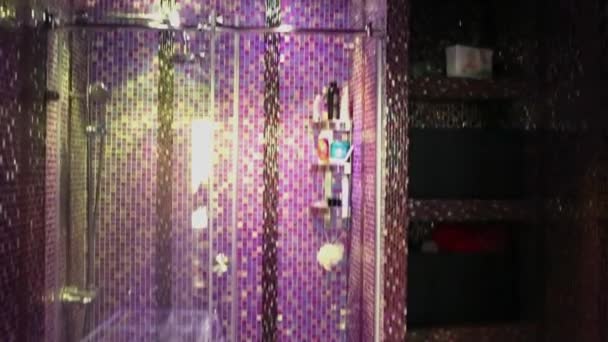 Badrum med duschkabin, slösa handfatet, tidigarelägga bricka — Stockvideo