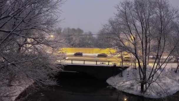 Verkehr auf Brücke über Jauza — Stockvideo