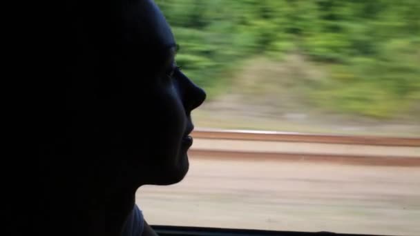 Gros plan de la femme du visage dans le train en mouvement — Video