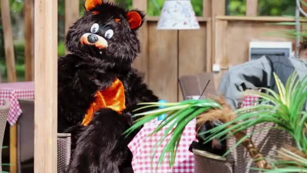 Actor in bear suit imitates smoking — Stock Video