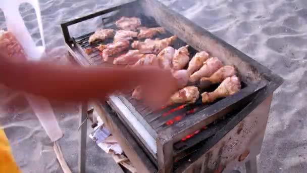 ? hicken stick stekt på grill — Stockvideo