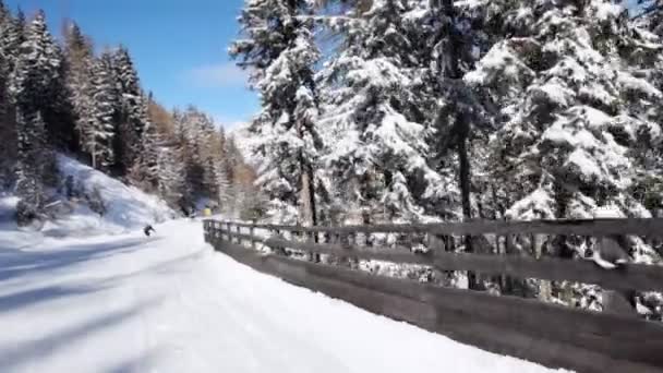 Los esquiadores van a la pendiente de la montaña — Vídeo de stock