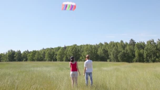 Guy in jeans holds kite — Stock Video