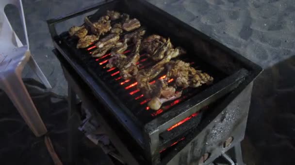 Meat of chicken fried on barbecue — Stock Video