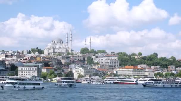 Ships float in front of Suleymaniye Mosque — Stock Video