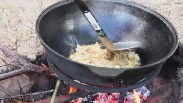 Man mixes broiled meal — Stock Video