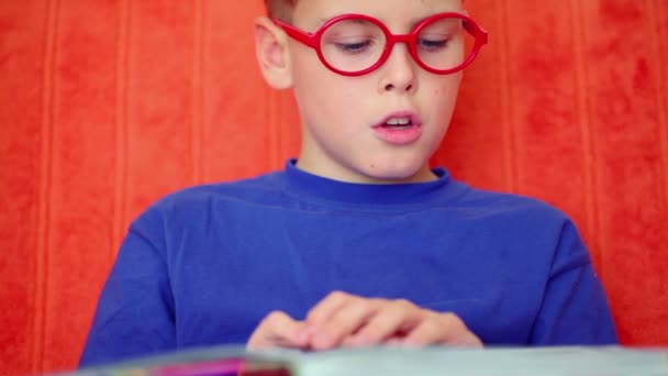Мальчик в очках читает книгу — стоковое видео