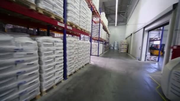 Многие продукты на полках на складе — стоковое видео