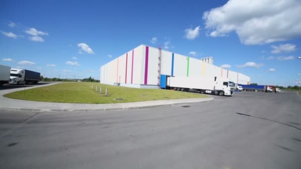Vários caminhões estão perto do armazém — Vídeo de Stock