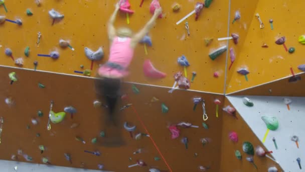 女の子は、クライミングウォールを登る — ストック動画