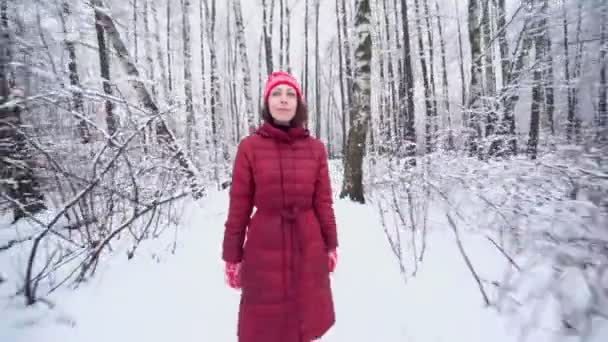 Femme en vêtements chauds marche dans le parc — Video