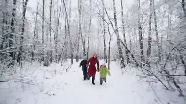 Madre con niños corren en el parque — Vídeo de stock