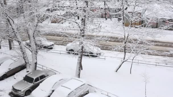 Carros nevados e estacionamento — Vídeo de Stock