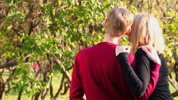 Mujer y hombre abrazan en el parque — Vídeo de stock