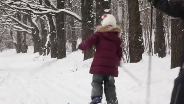 Двое детей уезжают на лыжах — стоковое видео