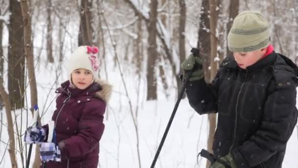 Deux enfants avec bâtons de ski — Video