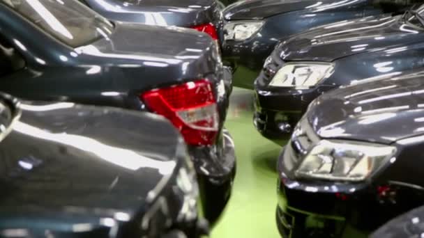 Muchos coches nuevos en el garaje — Vídeo de stock