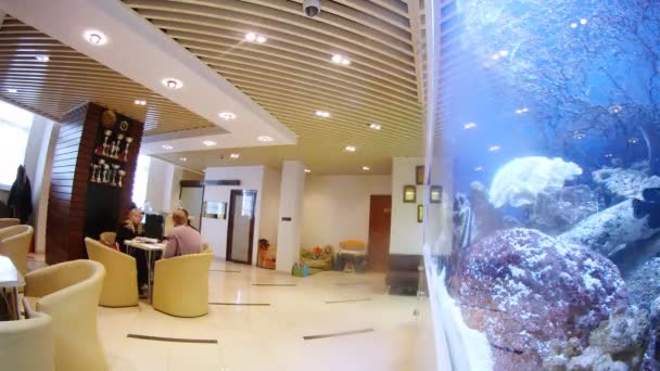 Personer som sitter i cafeterian nära aquarium — Stockvideo
