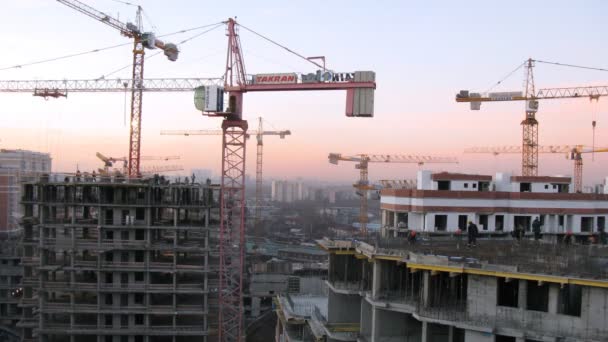 Cranes and workers with sunset behind — Stock Video