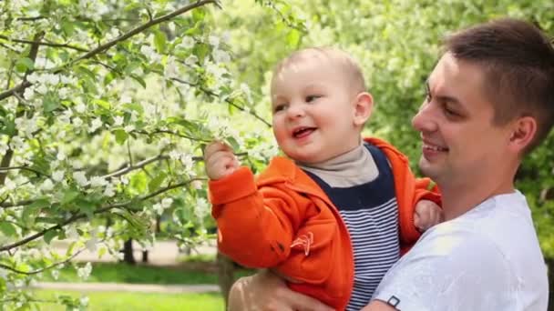 Padre sostiene pequeño hijo — Vídeo de stock