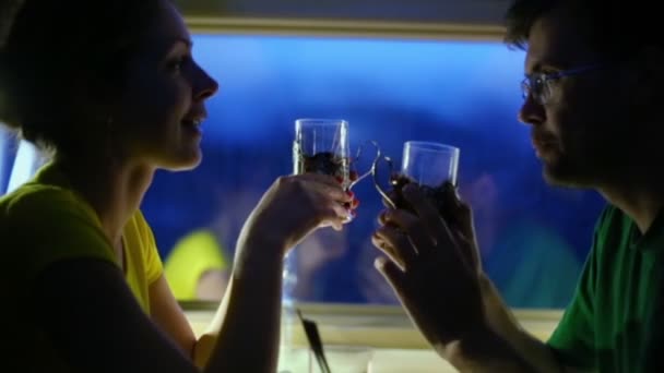 Paar thee drinken in de trein — Stockvideo