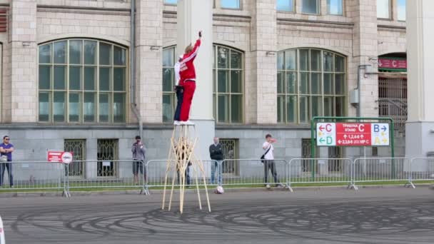 Auto breekt houten constructie — Stockvideo