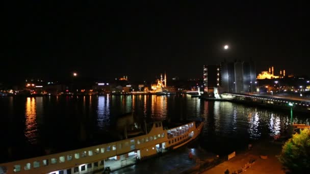 船舶和加拉塔大桥夜景 — 图库视频影像