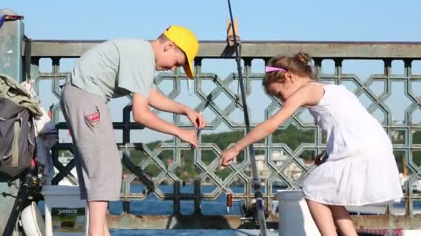 Girl and boy play with small fishes — Stock Video