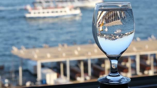 Sailing ships with wineglass at sunny day — Stock Video
