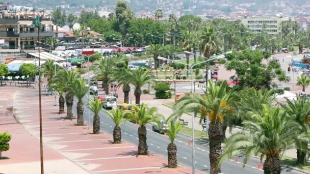 Panorama da cidade resort, estrada com palmas — Vídeo de Stock