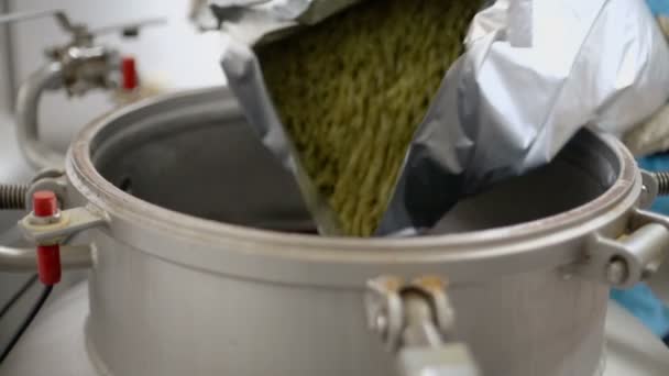 Woman in blue uniform pours hops — Stock Video