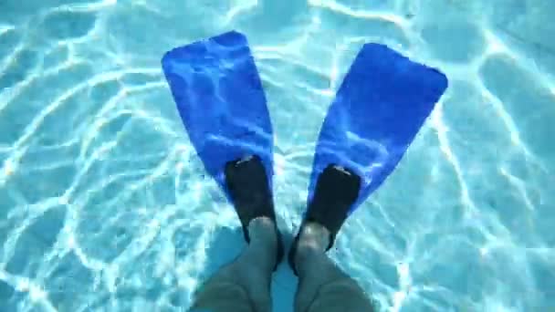 Male legs in blue flippers underwater — Stock Video