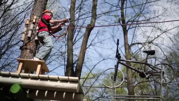 Niño prepara el equipo en la plataforma en el árbol — Vídeo de stock