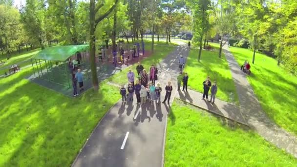 Muchos niños en el parque con equipo de fitness — Vídeo de stock