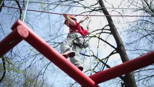 Klättrare går hänge log bridge — Stockvideo