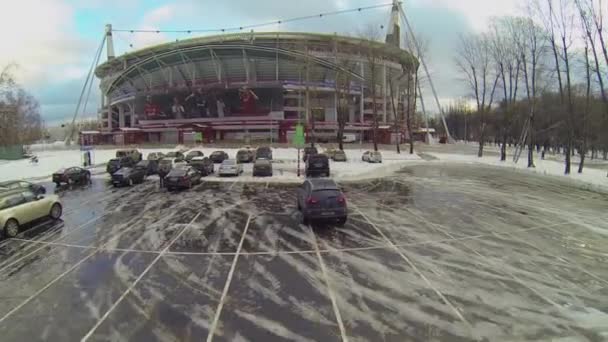 Football stadium Locomotive with cars on parking — Stock Video