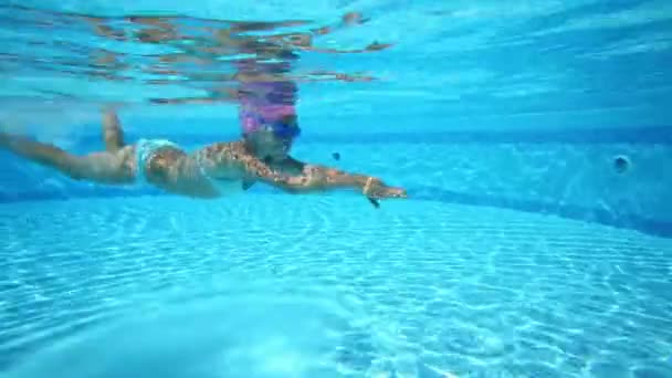 Little girl swimming under water — Stock Video