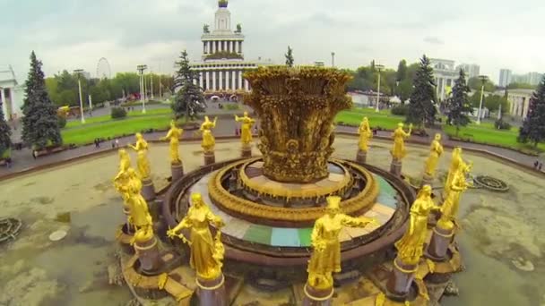 Grande fontana con statue dorate in piazza, da vicino — Video Stock