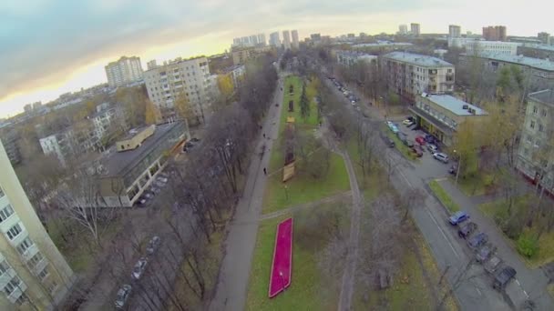 Voitures rouler par boulevard avec des parterres colorés — Video