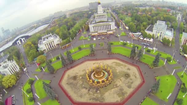 Big square with fountain with golden statues, above view — Stock Video