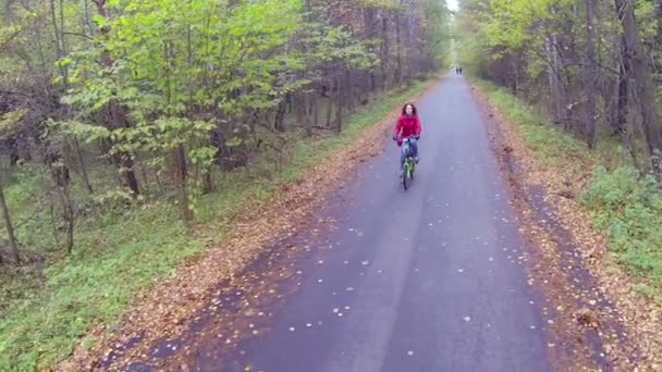 Jovem mulher de bicicleta no parque durante o dia, câmera em movimento — Vídeo de Stock