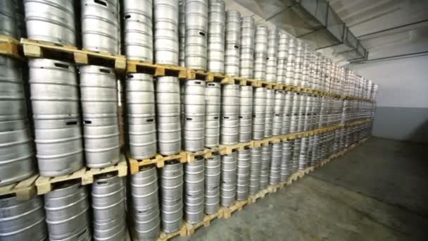 Filas de barriles de cerveza de metal en un gran almacén — Vídeos de Stock