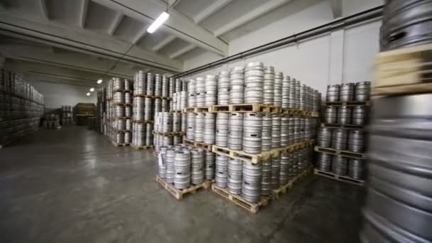 Armazém com fileiras de barris de cerveja de metal — Vídeo de Stock